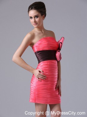 Coral Red Tiered Mini-length Black Sash with Flower Prom Dress