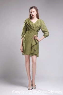 Column V-neck Mini-length Chiffon Olive Green Prom Gowns