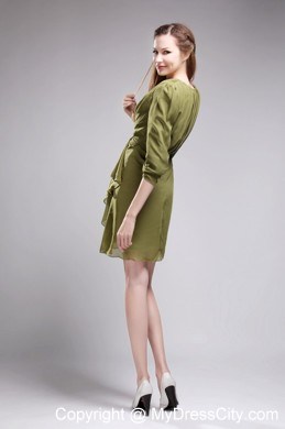 Column V-neck Mini-length Chiffon Olive Green Prom Gowns