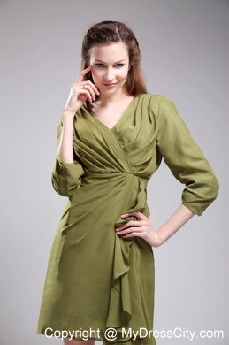 Column V-neck Mini-length Chiffon Olive Green Prom Gowns