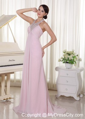 Baby Beaded Pink Halter Prom Dress With Brush Train