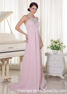 Baby Beaded Pink Halter Prom Dress With Brush Train