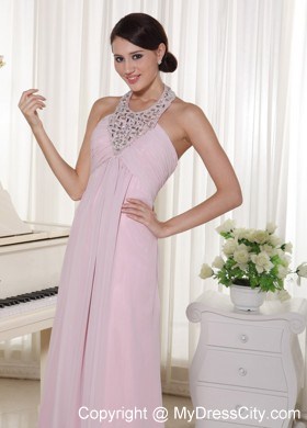 Baby Beaded Pink Halter Prom Dress With Brush Train