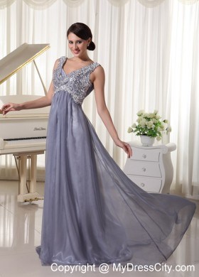 Grey Sequins V-neck Brush Train Dress For Prom