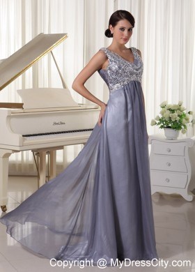 Grey Sequins V-neck Brush Train Dress For Prom