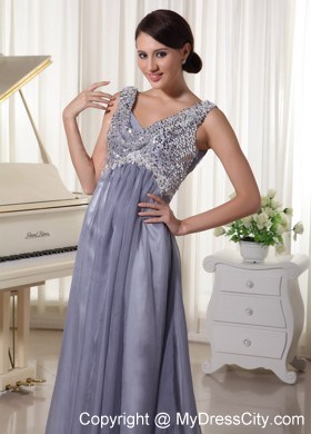 Grey Sequins V-neck Brush Train Dress For Prom