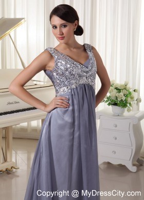 Grey Sequins V-neck Brush Train Dress For Prom