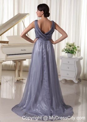 Grey Sequins V-neck Brush Train Dress For Prom