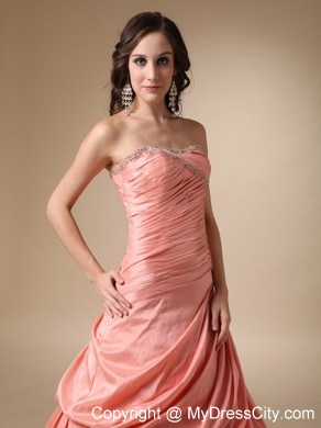 Peach Colored A-line Strapless Beading and Pick-ups Prom Dress