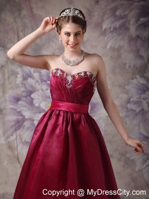 Burgundy A-line Sweetheart Prom Dress with Appliques and Sash