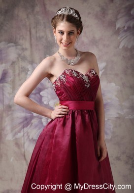 Burgundy A-line Sweetheart Prom Dress with Appliques and Sash