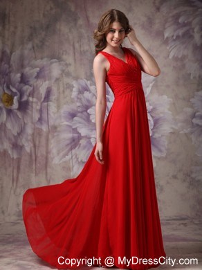 Blood Red Empire V-neck Ruching Dress for Prom