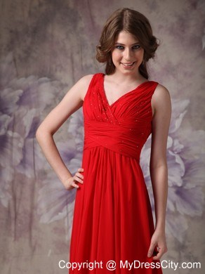 Blood Red Empire V-neck Ruching Dress for Prom