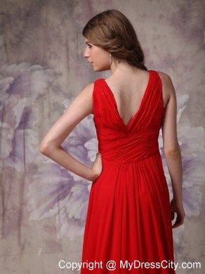 Blood Red Empire V-neck Ruching Dress for Prom