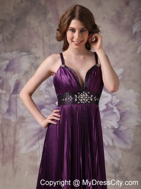 V-neck Straps Dark Purple Column Prom Dress