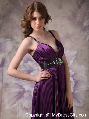 V-neck Straps Dark Purple Column Prom Dress