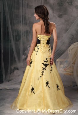 Yellow And Black A-line Prom Dress Strapless Appliques