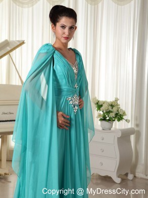 V-neck Turquoise Beaded Watteau Train Prom Dress