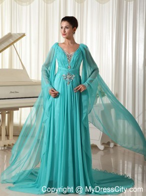 V-neck Turquoise Beaded Watteau Train Prom Dress