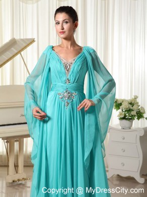 V-neck Turquoise Beaded Watteau Train Prom Dress