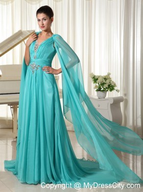 V-neck Turquoise Beaded Watteau Train Prom Dress