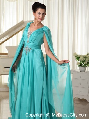 V-neck Turquoise Beaded Watteau Train Prom Dress