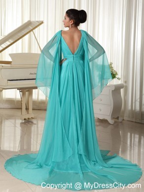 V-neck Turquoise Beaded Watteau Train Prom Dress