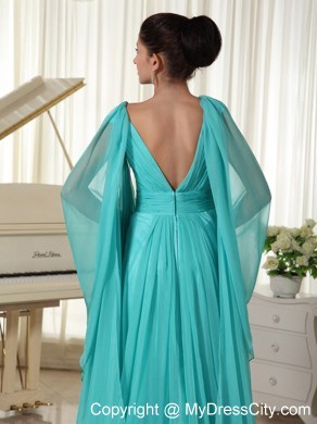 V-neck Turquoise Beaded Watteau Train Prom Dress