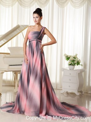 Ombre Colored One Shoulder Prom Dress With Court Train