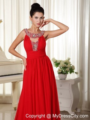 Beaded Scoop Prom Dress with Brush Train in Red