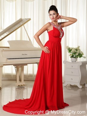 Beaded Scoop Prom Dress with Brush Train in Red