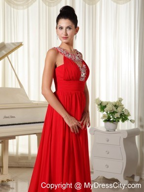 Beaded Scoop Prom Dress with Brush Train in Red