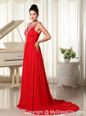 Beaded Scoop Prom Dress with Brush Train in Red