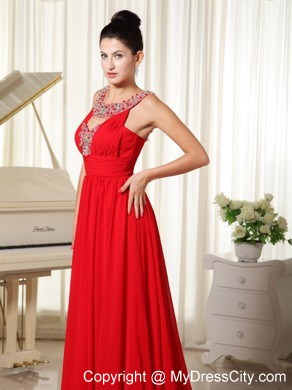 Beaded Scoop Prom Dress with Brush Train in Red