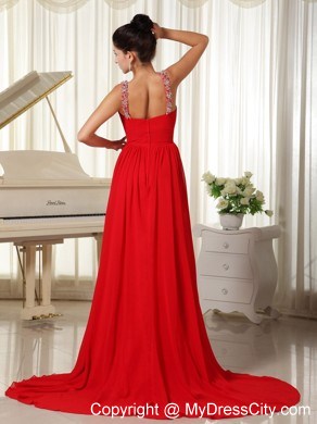 Beaded Scoop Prom Dress with Brush Train in Red