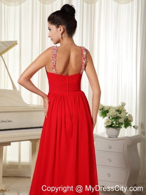 Beaded Scoop Prom Dress with Brush Train in Red