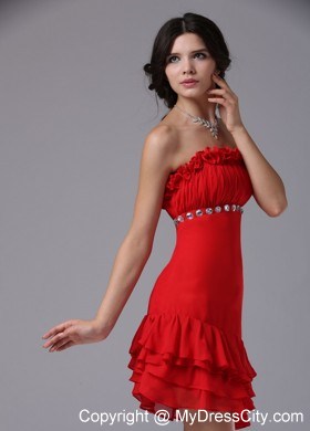 Red Strapless Beading Asymmetrical Prom Dress