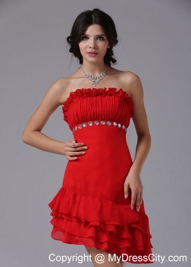 Red Strapless Beading Asymmetrical Prom Dress