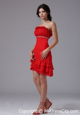 Red Strapless Beading Asymmetrical Prom Dress