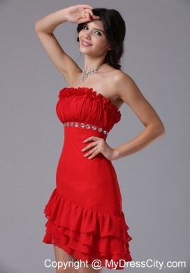 Red Strapless Beading Asymmetrical Prom Dress