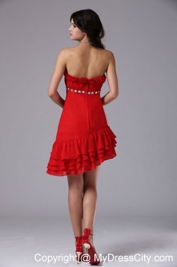 Red Strapless Beading Asymmetrical Prom Dress