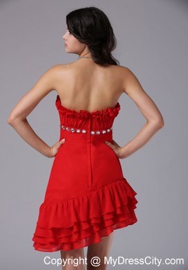 Red Strapless Beading Asymmetrical Prom Dress