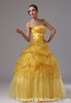 Gold Beaded Prom Gowns With Pick-ups and Bowknot