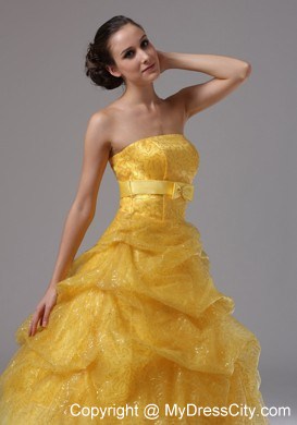 Gold Beaded Prom Gowns With Pick-ups and Bowknot