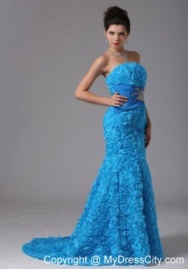 Baby Blue Rolling Flower Beading Prom Dress With Brush Train