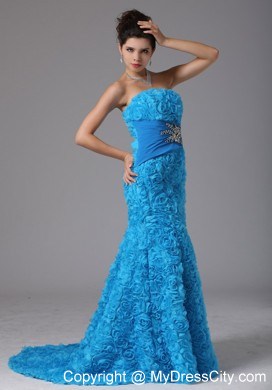 Baby Blue Rolling Flower Beading Prom Dress With Brush Train