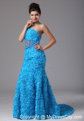 Baby Blue Rolling Flower Beading Prom Dress With Brush Train