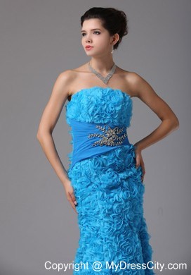 Baby Blue Rolling Flower Beading Prom Dress With Brush Train