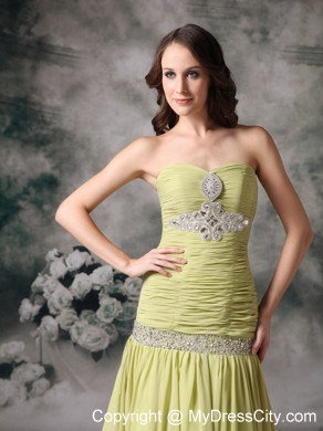 Yellow Green Mermaid Chiffon Beaded Prom Dress with Court Train