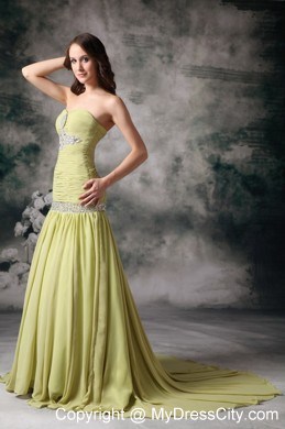 Yellow Green Mermaid Chiffon Beaded Prom Dress with Court Train